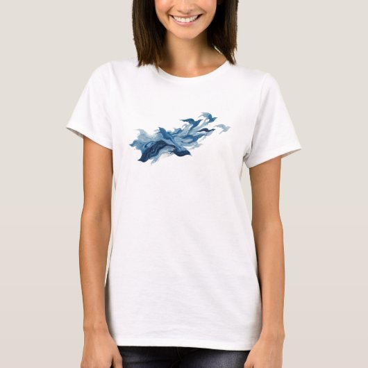 Klassiek Blauw Abstracte Vogels Aangepaste Creatie T-shirt (Voorkant)