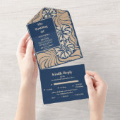 Klassiek Blauw Art Nouveau Bruiloft All In One Uitnodiging (Afscheurbaar)