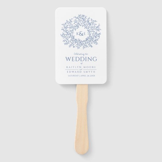 Klassiek blauw blad cirkel bruiloft programma handwaaier (Voorkant)