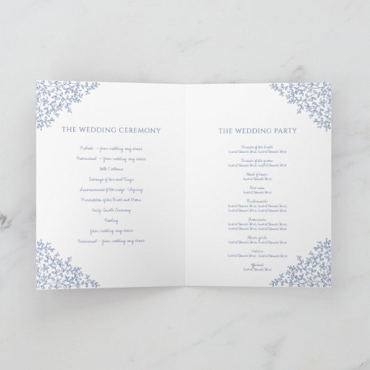 Klassiek blauw blad monogram kunst bruiloft progra programma (Binnen)
