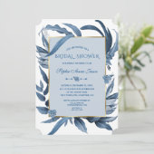 Klassiek blauw bladeren Gold Monogram Vrijgezellen Kaart (Staand voorkant)