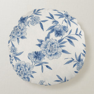 Klassiek Blauw Bloemmotief Toile Watercolor Patroo Rond Kussen