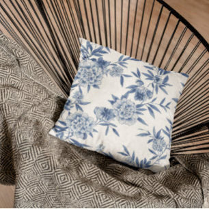 Klassiek Blauw Bloemmotief Toile Waterverf Patroon Kussen