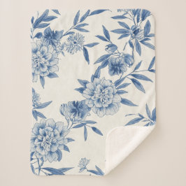 Klassiek Blauw Bloemmotief Toile Waterverf Patroon Sherpa Deken