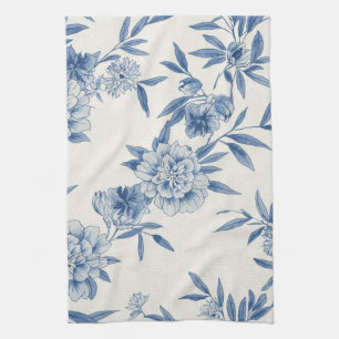 Klassiek Blauw Bloemmotief Toile Waterverf Patroon Theedoek