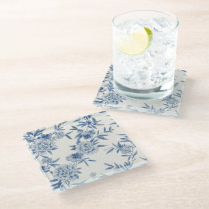 Klassiek Blauw Bloemmotief Toile Waterverfpatroon  Glazen Onderzetter
