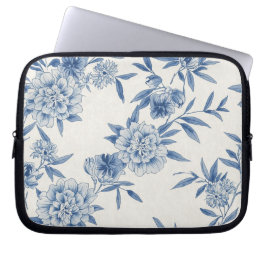 Klassiek Blauw Bloemmotief Toile Waterverfpatroon  Laptop Sleeve
