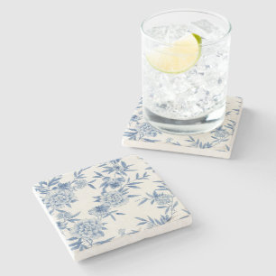Klassiek Blauw Bloemmotief Toile Waterverfpatroon  Stenen Onderzetter