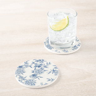 Klassiek Blauw Bloemmotief Waterverf Patroon Wit Zandsteen Onderzetter