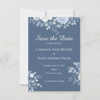 Klassiek Blauw Boeket op Zachte Poederblauw Save The Date