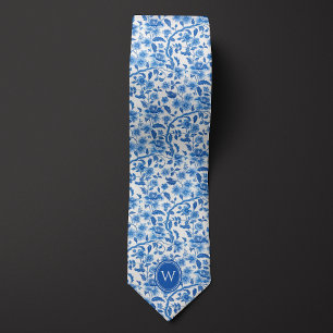 Klassiek blauw botanisch bloemmonogram stropdas