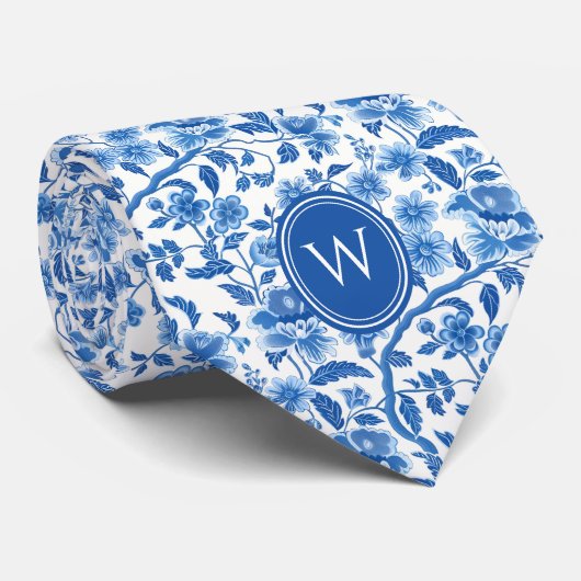 Klassiek Blauw Botanisch Bloemmotief Monogram Stropdas (Opgerold)