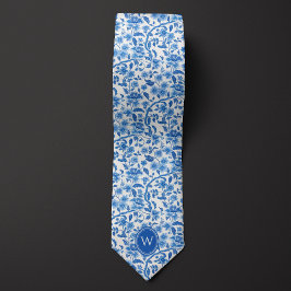 Klassiek Blauw Botanisch Bloemmotief Monogram Stropdas