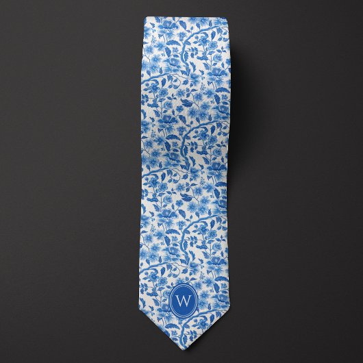 Klassiek Blauw Botanisch Bloemmotief Monogram Stropdas