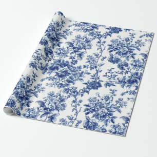 Klassiek Blauw Botanisch Tuilandschap Feest Inpakp Cadeaupapier