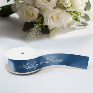 Klassiek Blauw Bruiloft Elegant Script Calligrafie Satijnen Lint