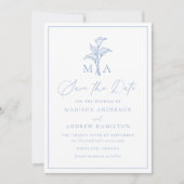 Klassiek Blauw Calla Lelie Monogram Trouwfeest Save The Date (Voorkant)