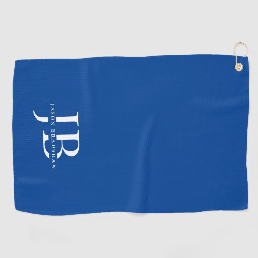 Klassiek Blauw Elegant Monogram en Naam Golfhanddoek (Horizontaal)