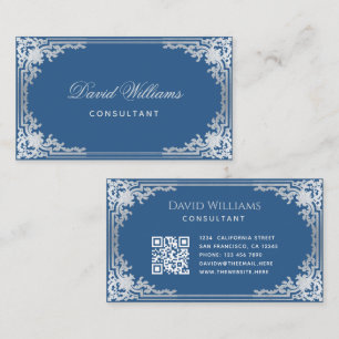 Klassiek Blauw Elegante Vintage Versierde Frame QR Visitekaartje