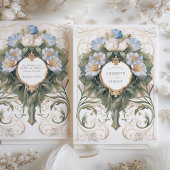 Klassiek blauw en crème Art Nouveau bruiloft Kaart