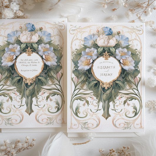 Klassiek blauw en crème Art Nouveau bruiloft Kaart