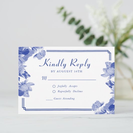 Klassiek Blauw en Wit Chinoiserie Chic RSVP (Staand voorkant)