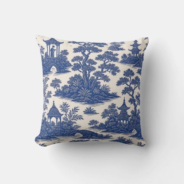 Klassiek blauw en wit chinoiserie toile patroon kussen (Voorkant)