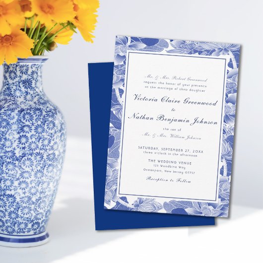 Klassiek blauw en wit Floral Chinoiserie Wedding Kaart