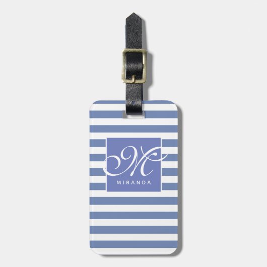 Klassiek Blauw en Wit Gestreept - Script Monogram Bagagelabel (Voorkant verticaal)