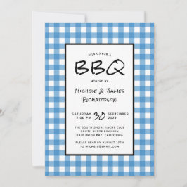 Klassiek Blauw en Wit Gingham BBQ Picknick Feest Kaart