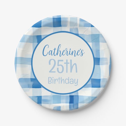 Klassiek blauw en wit Gingham geruit patroon Papieren Bordje (Voorkant)