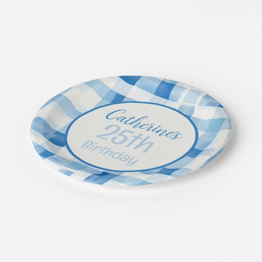 Klassiek blauw en wit Gingham geruit patroon Papieren Bordje (Gekanteld)