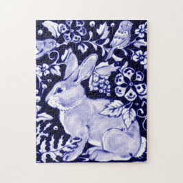 Klassiek blauw en wit konijn en vogeldieren legpuzzel