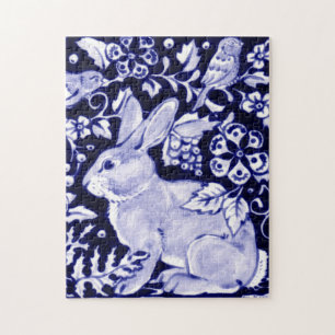 Klassiek blauw en wit konijn en vogeldieren legpuzzel
