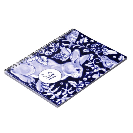 Klassiek blauw en wit konijn en vogelvrij monogram notitieboek (Linkerzijde)