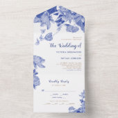 Klassiek blauw en wit Lotus Floral Chinoiserie All In One Uitnodiging (Binnen)