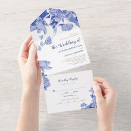 Klassiek blauw en wit Lotus Floral Chinoiserie All In One Uitnodiging