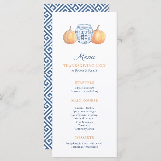 Klassiek blauw en wit met pompoenen Thanksgiving Menu (Voorkant / Achterkant)