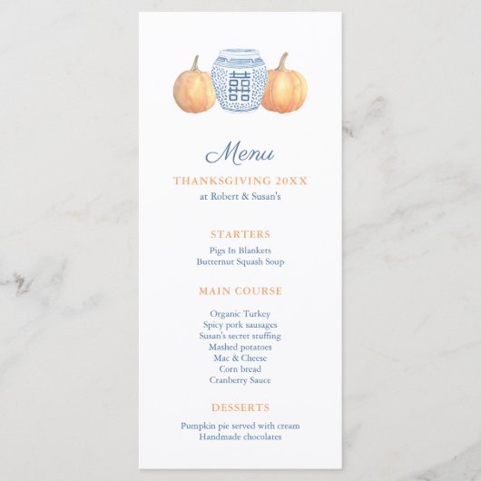 Klassiek blauw en wit met pompoenen Thanksgiving Menu (Voorkant)