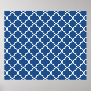 Klassiek blauw en wit Quatrefoil Marokkaans Patroo Poster