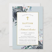 Klassiek blauw Floral en goudvet Baptisme Kaart (Voorkant)