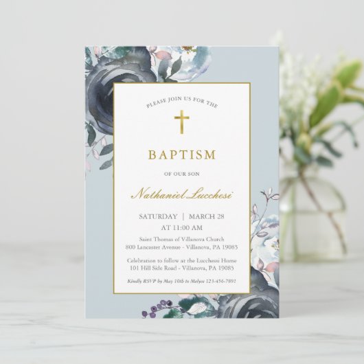 Klassiek blauw Floral en goudvet Baptisme Kaart (Staand voorkant)