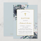 Klassiek blauw Floral en goudvet Baptisme Kaart (Voorkant / Achterkant)