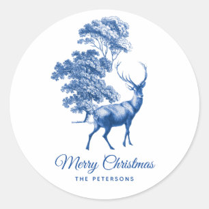 Klassiek blauw Frans Toile Deer in Forest Ronde Sticker