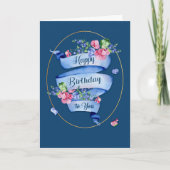 Klassiek blauw geboortedaglint met bloemen en Lijs Kaart (Voorkant)