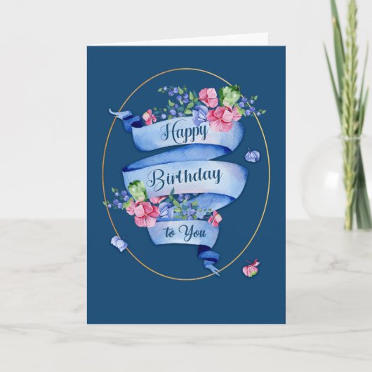 Klassiek blauw geboortedaglint met bloemen en Lijs Kaart (Voorkant)