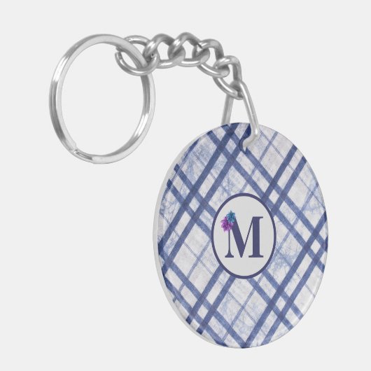 Klassiek blauw geruit monogram Sleutelhanger (Voorkant Links)