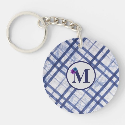 Klassiek blauw geruit monogram Sleutelhanger (Voorkant)