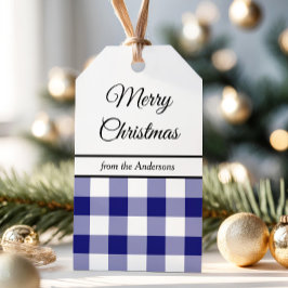 Klassiek Blauw Geruit Prettig Kerstfeest Cadeaulabel