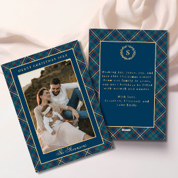Klassiek Blauw Geruit Vintage Krans Foto Kerstmis Feestdagenkaart